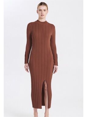 Ena Pelly Hailey Luxe Knit Ribbed Long Sleeve Midi Dress in Walnut Stretchy $269